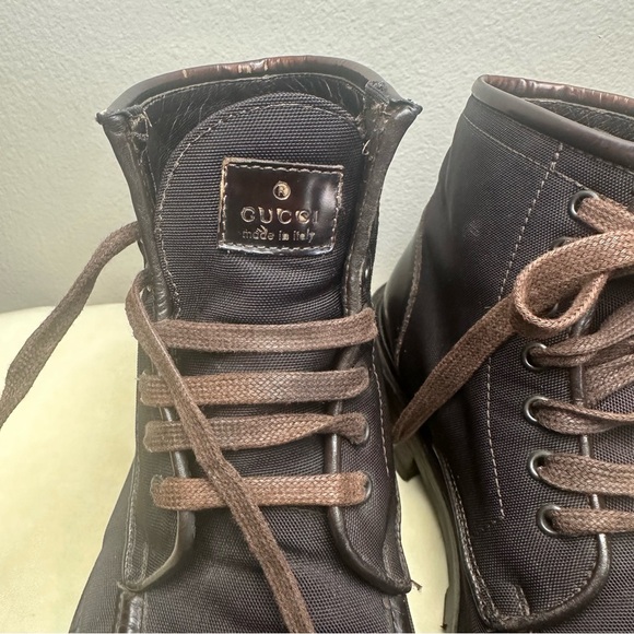 Gucci Vintage Sz 9 1/2D Chukka High Cut Brown Leather& Canvas Lug Sole Boots - Picture 5 of 13
